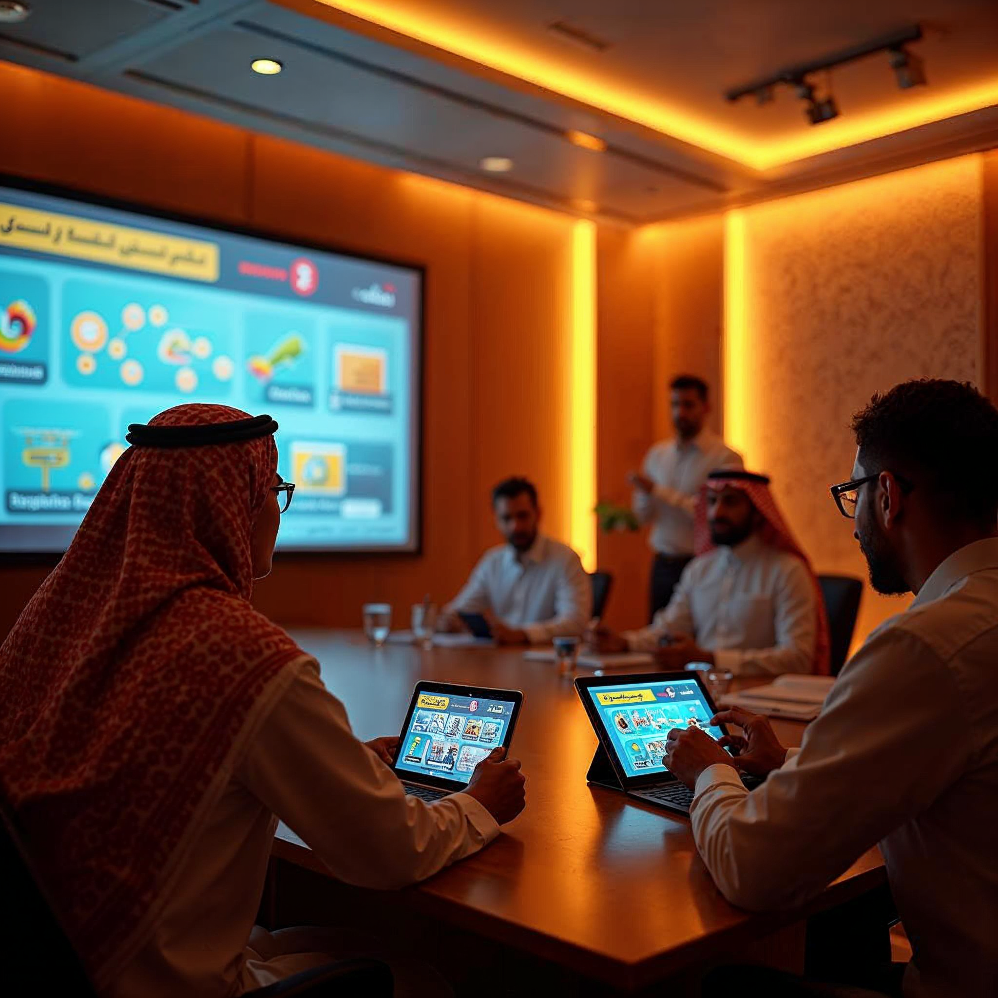 A professional corporate training session in Saudi Arabia featuring a diverse group of employees engaging with gamified digital tools. The setting is a modern conference room with sleek technology, Arabic cultural elements such as traditional patterns in the decor, and participants actively collaborating on interactive screens. Trainers guide the group while participants use tablets and mobile devices for challenges and learning activities, reflecting a blend of innovation and cultural relevance.